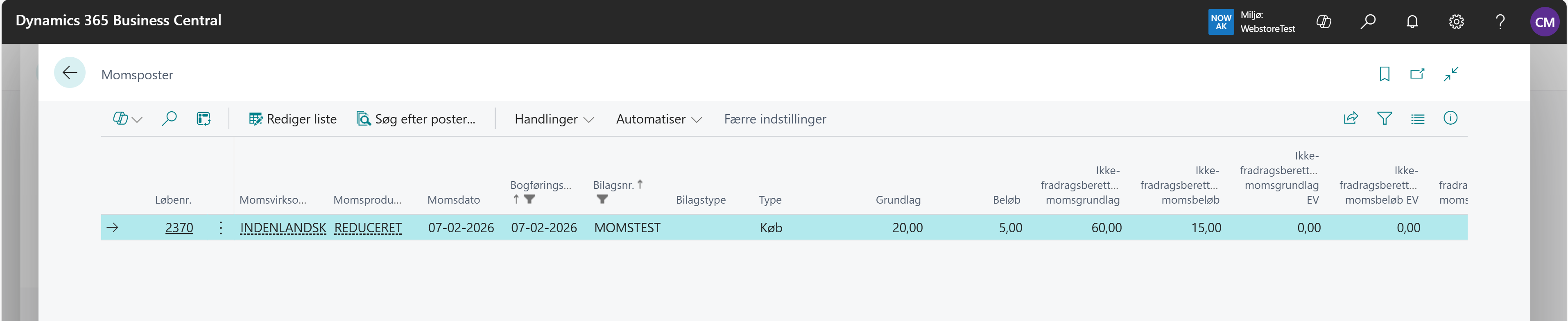 Business Central Momspost med dokumenteret reduceret moms