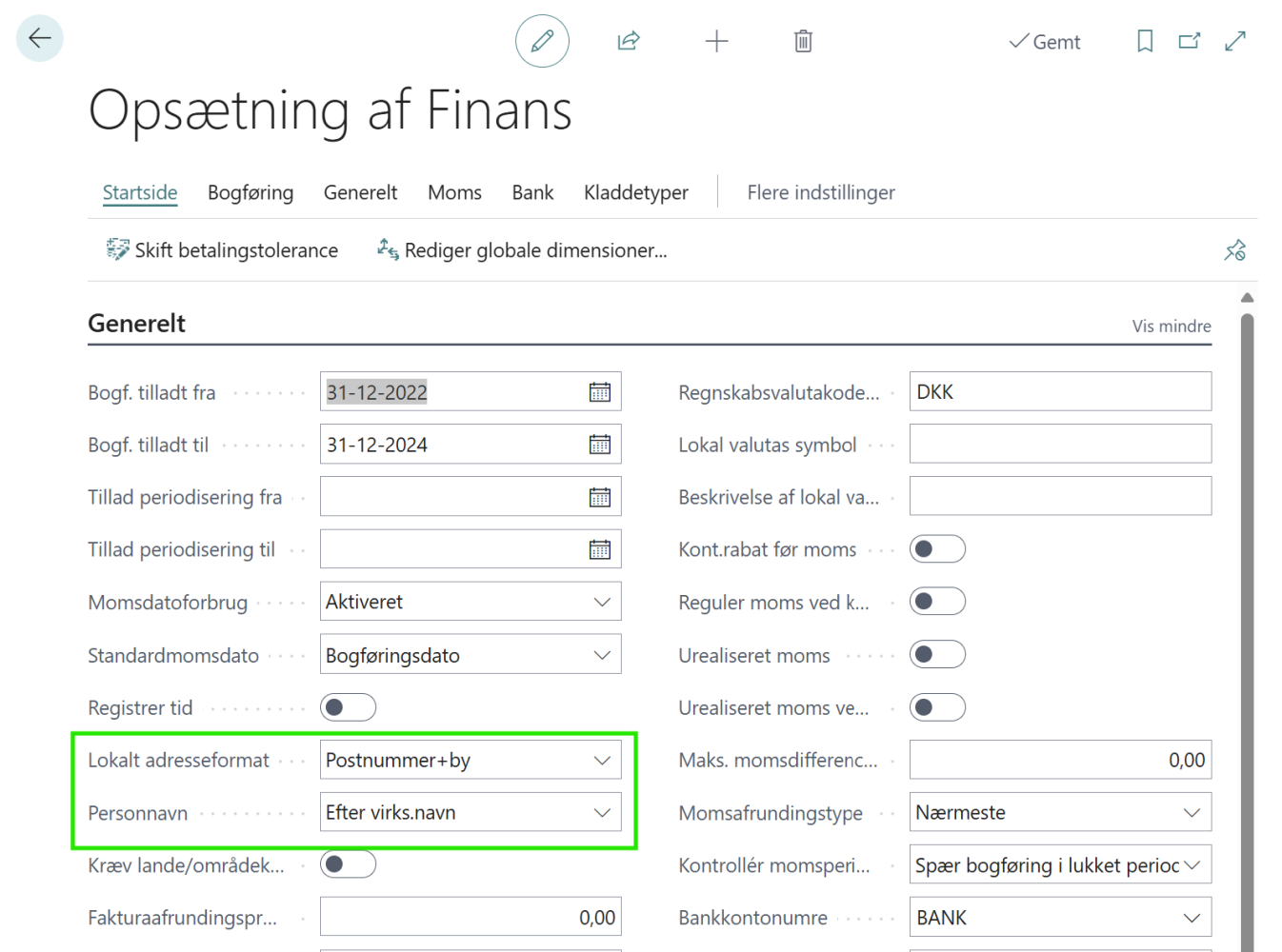 opsætning af finans i Business Central